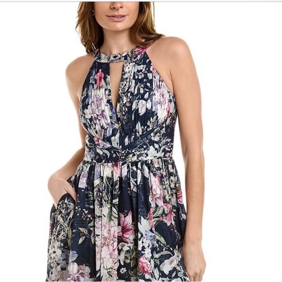 150.  Aidan Mattox Printed Halter Maxi Dress in Navy Multi-color, Size 10 NWT - Picture 4 of 16